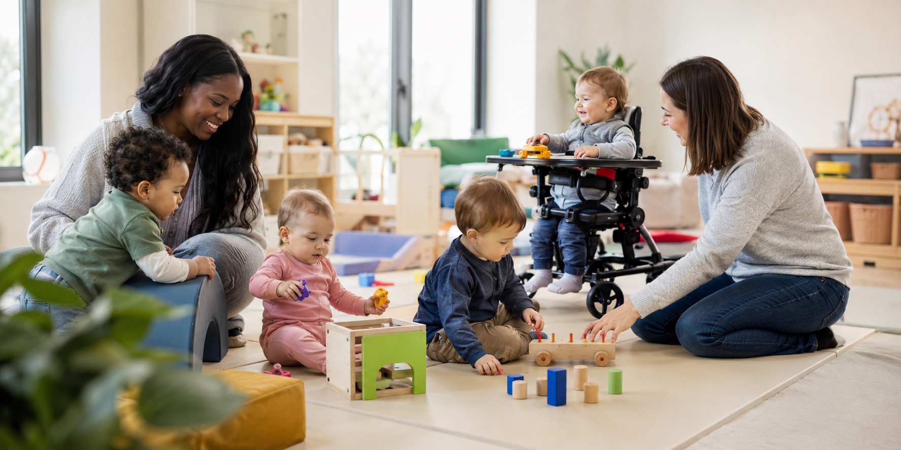 Young children of different abilities learning and playing with family and an early-intervention professional