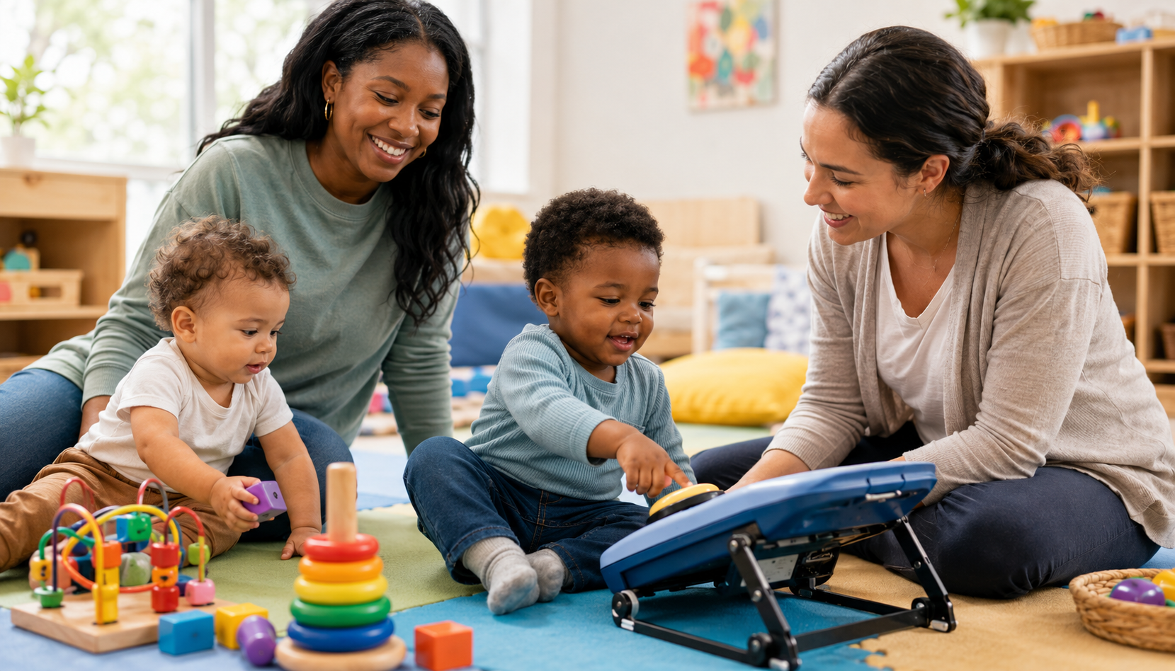 A toddler, parent, and early-intervention professional using an adaptive communication activity